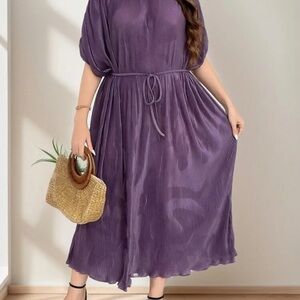 SHEIN Purple Pleated Midi Sundress with Puff Sleeves